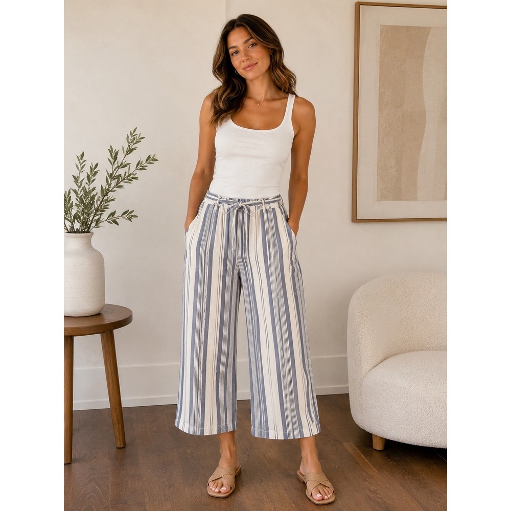 Tommy Hilfiger Womens Blue White Striped Wide Leg Crop Tie Waist Pants Size 12